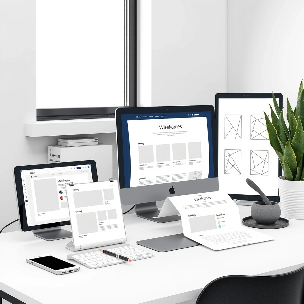 Minimalist design workspace with clean layouts and wireframes
